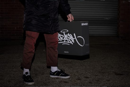 Person standing beside a product box with urban calligraphy font, showcasing potential for mockup packaging design for brands.