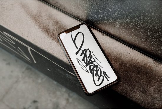 Smartphone mockup with graffiti-style calligraphy on screen, placed on textured urban bench, showcasing modern design overlay.