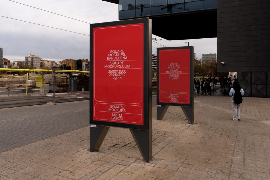 Double A-frame street signage mockups in public plaza with red panels