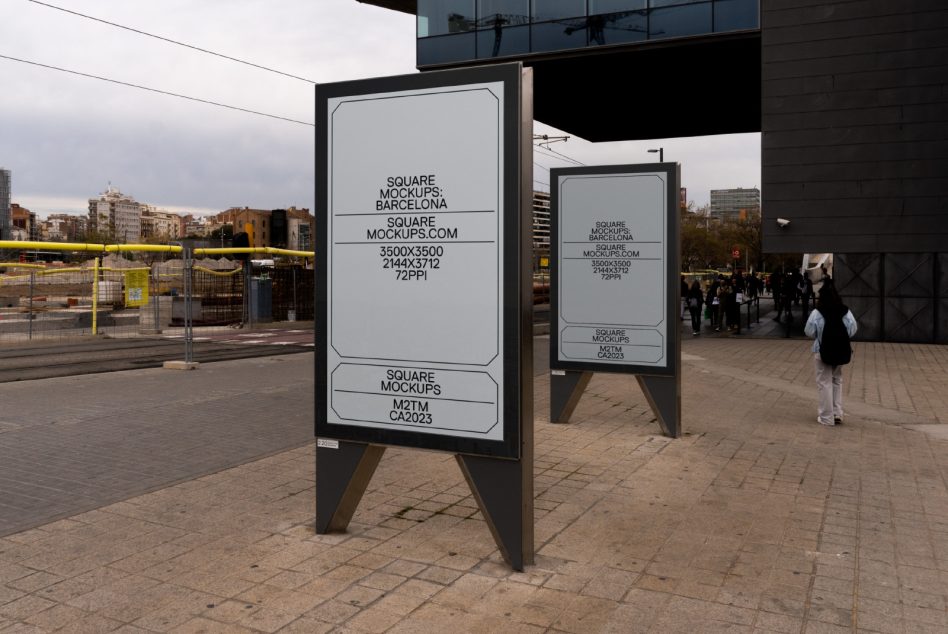 Double A-frame street signage mockups in public plaza with white panels