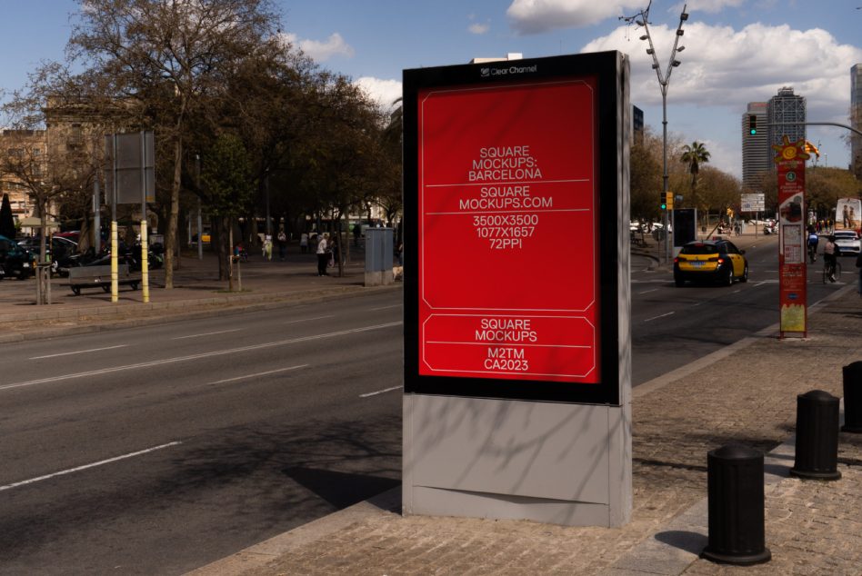Standing sidewalk poster mockup on urban street with red screen