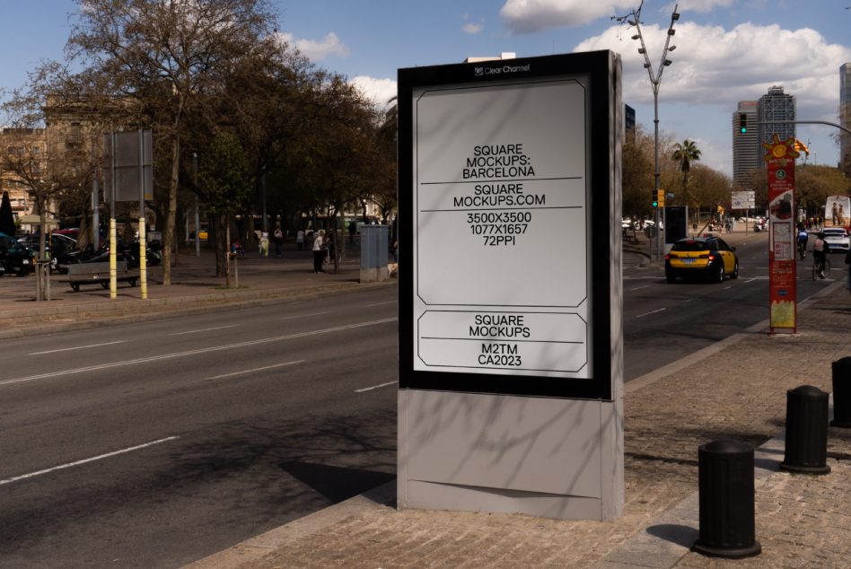 Standing sidewalk poster mockup on urban street with white screen