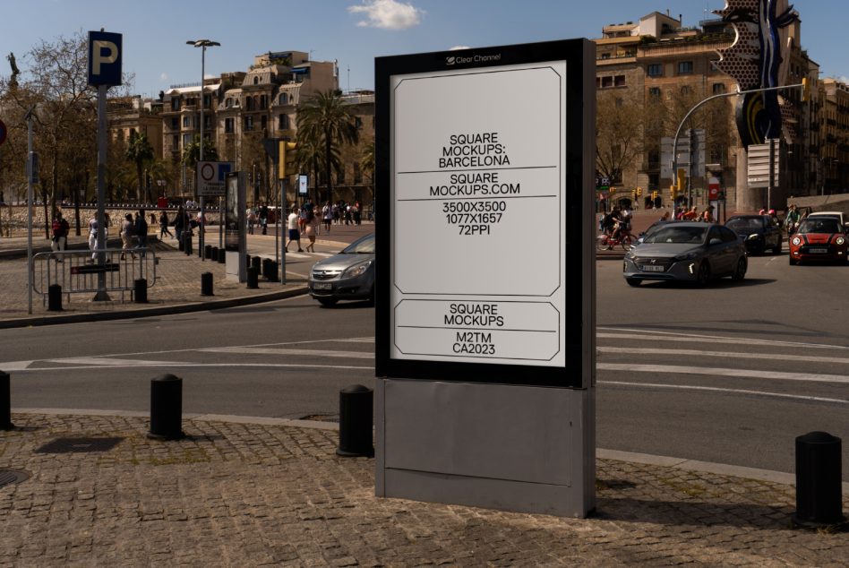 Street-level billboard mockup in Barcelona plaza with white display