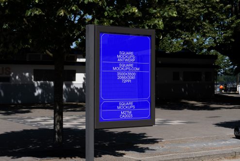 Park display board on pole under tree shade, bright blue neon mockup