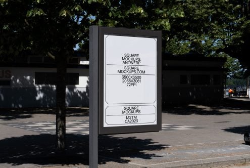 Park display board on pole under tree shade, white background mockup