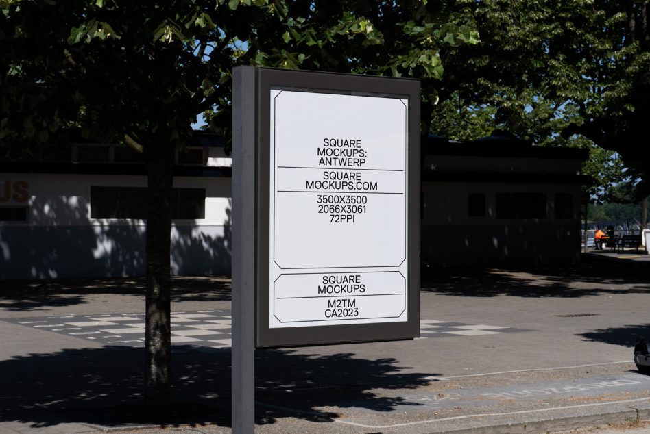 Park display board on pole under tree shade, white background mockup