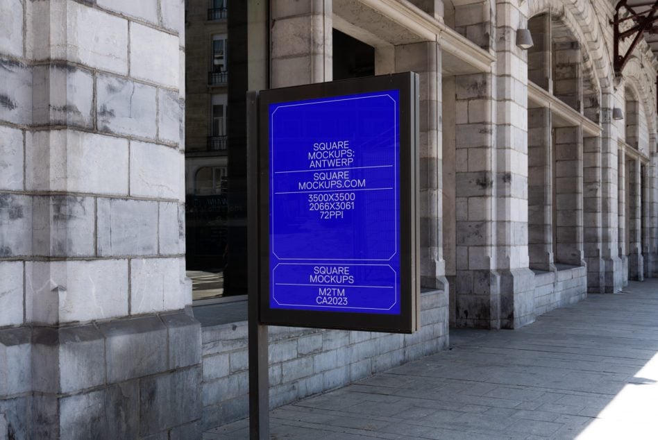 Bright blue neon sign on city street displaying sample text layouts for square mockups