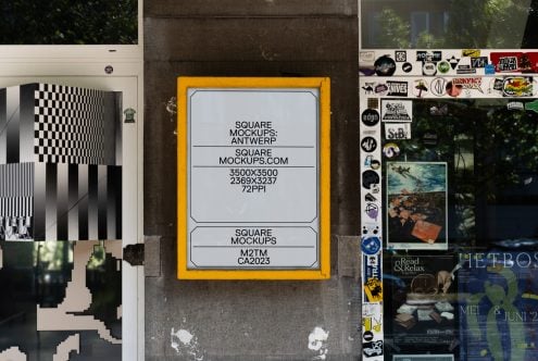 Yellow framed poster on brick wall with white background, text layout mockup