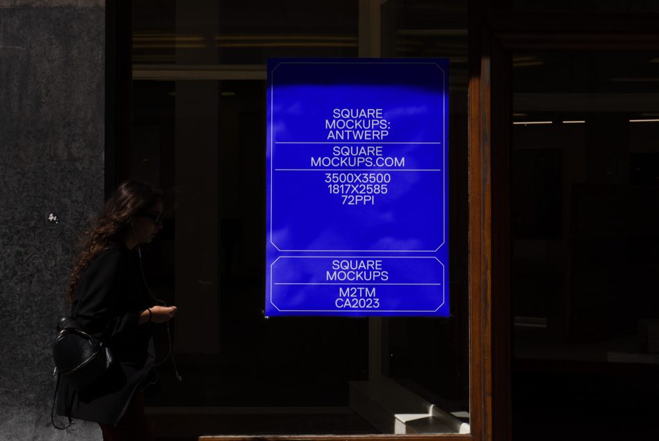 Woman holding glowing blue neon square poster in shadows, electric bright effect