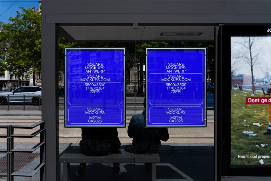 Glowing blue square posters in bus shelter with neon border effect, two people seated