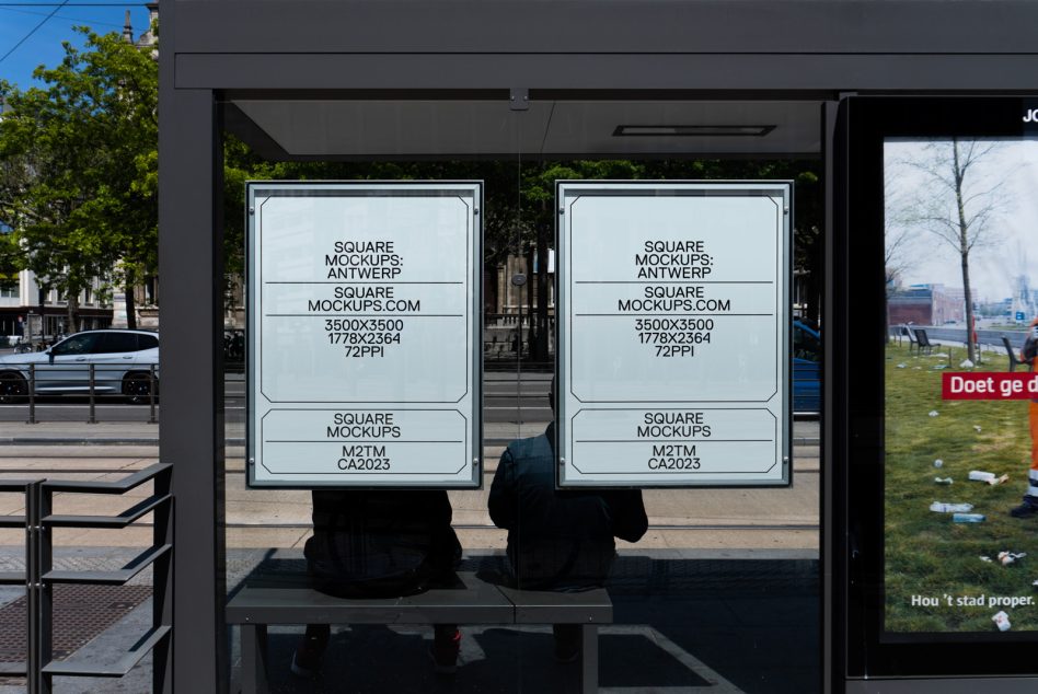 Two white square posters in bus shelter with mockup specs, people sitting below