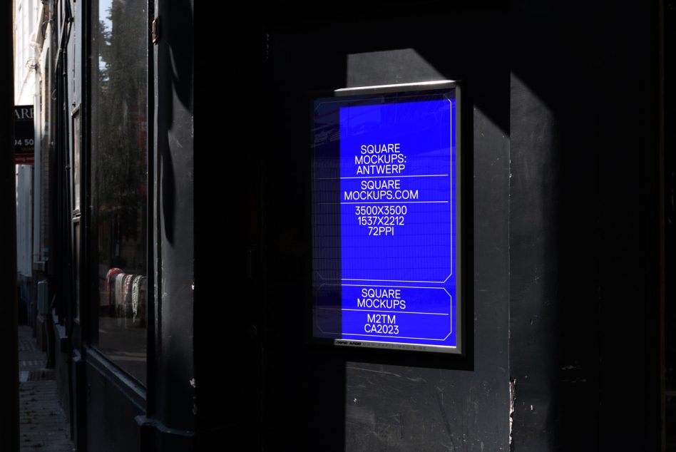 Glowing blue neon display in dark alley window with sharp graphic lines