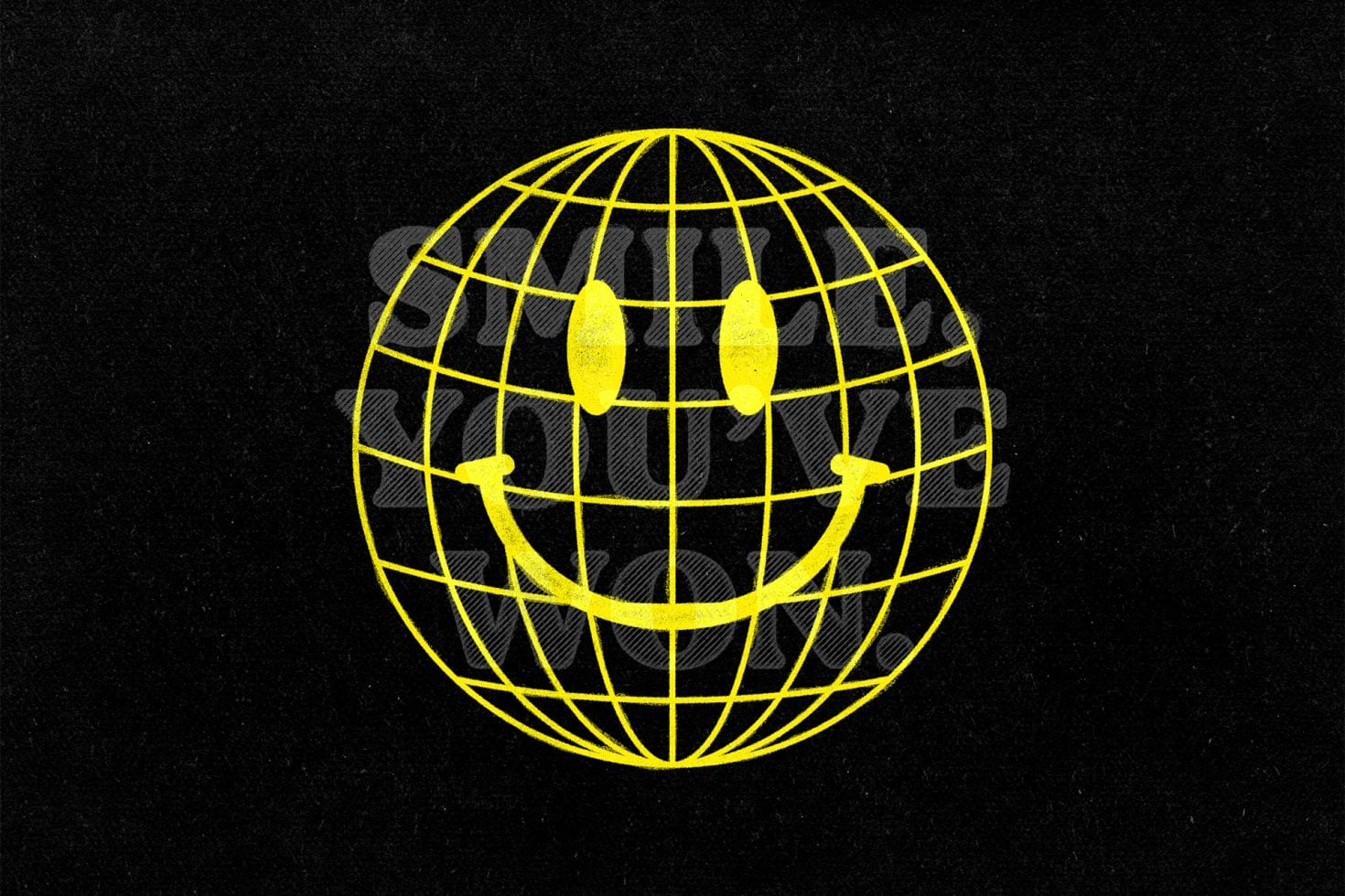 Neon yellow smiley face globe with grid lines on black background