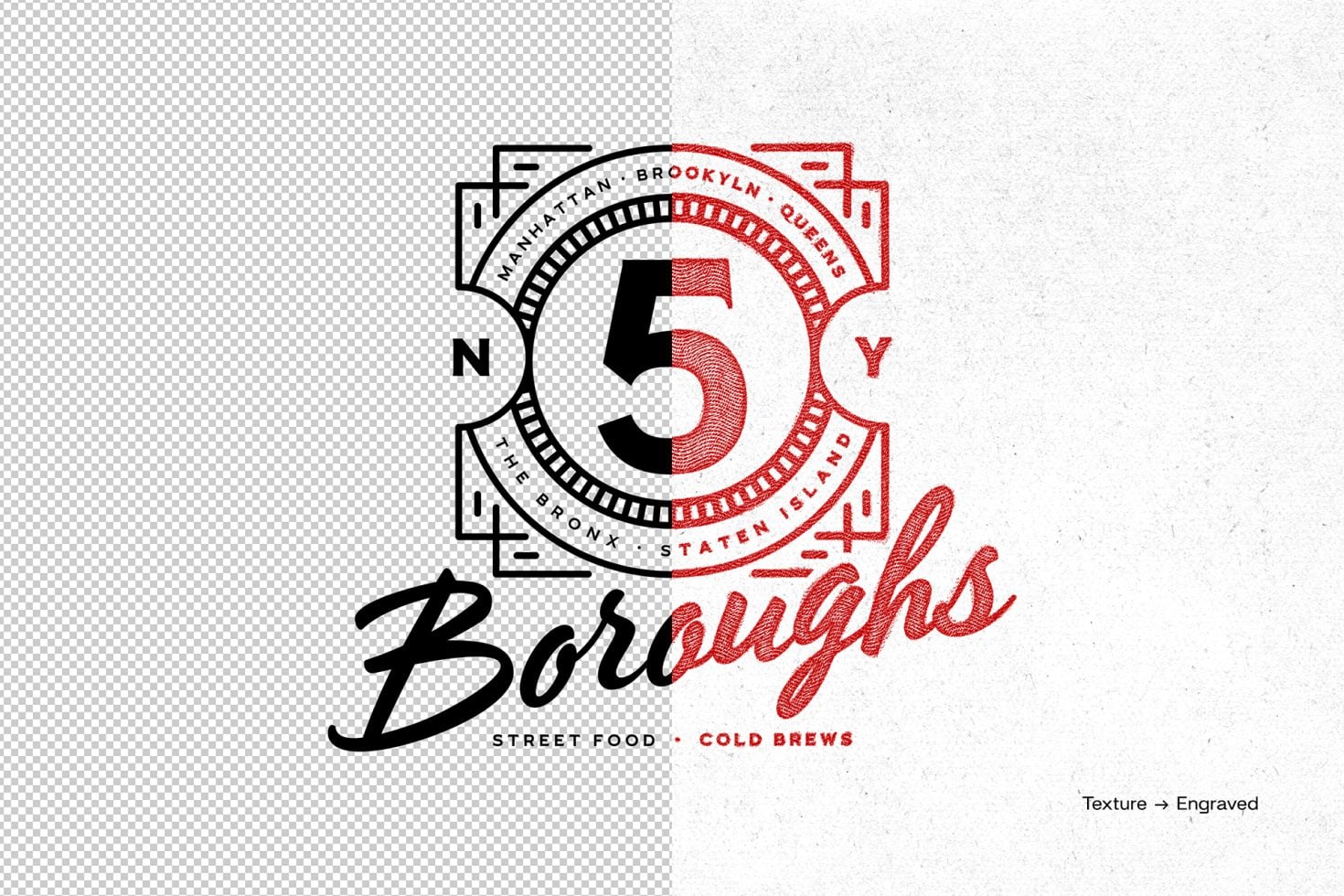 5 Boroughs street food logo with red circle badge showing NYC neighborhoods in black lettering