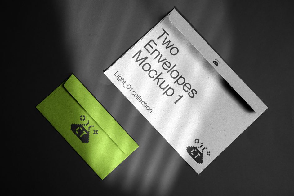Lime green envelope with white envelope tilted on dark background