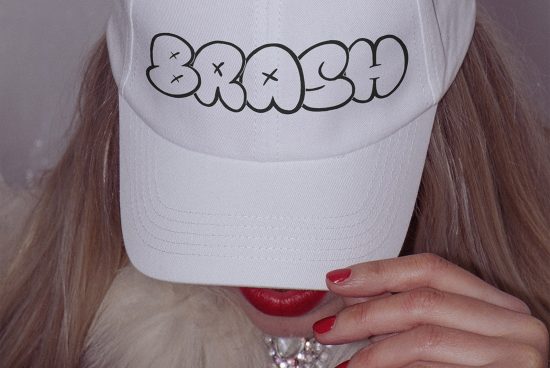 Close-up of a white baseball cap mockup with a bold black outlined font design, held by a woman with red nails, suitable for graphic designers.