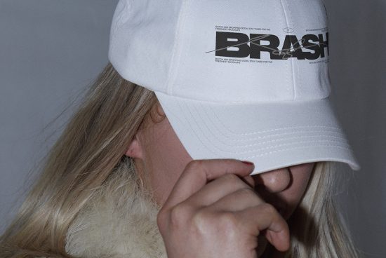 Person partially covering face with hand wearing a white baseball cap with bold typography design, ideal for fashion mockup graphics.