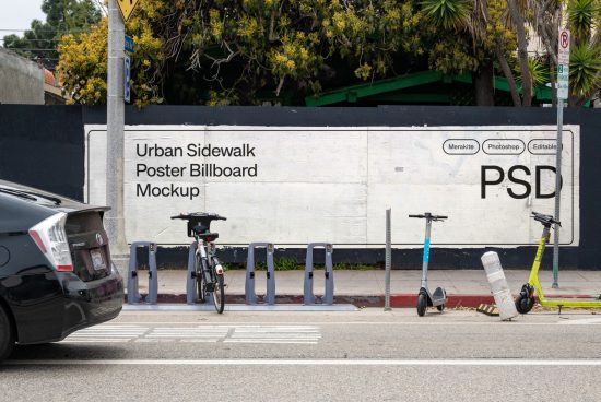 Urban sidewalk with a large poster billboard mockup, editable PSD format, realistic street scene for graphic designers and marketers.