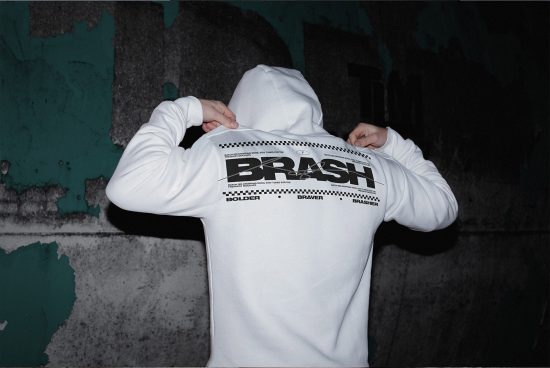 Person in white hoodie with bold graphic design text, streetwear mockup for fashion branding in urban setting.
