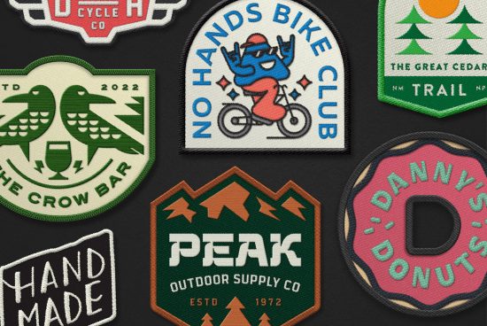 Embroidered patch design mockups featuring various logos, ideal for branding, apparel design, and graphic design assets for digital marketplace.