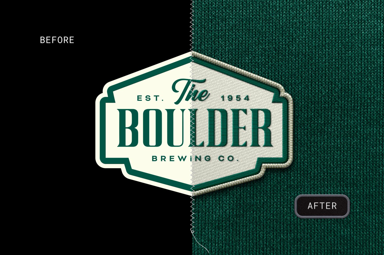 Vintage fabric logo mockup for The Boulder Brewing Co, showing before and after embroidery effect, suitable for showcasing branding designs.