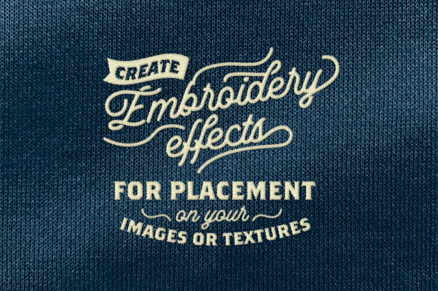 Embroidery effects text graphic template on blue fabric, showcasing realistic thread texture for designers.