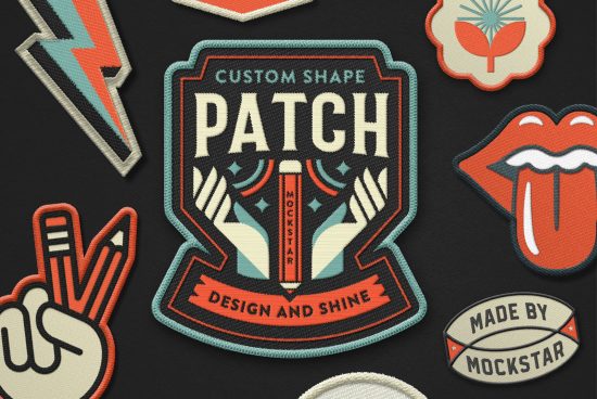 Vintage embroidered patches design mockup with customizable features for graphic designers, perfect for presentations and portfolios.