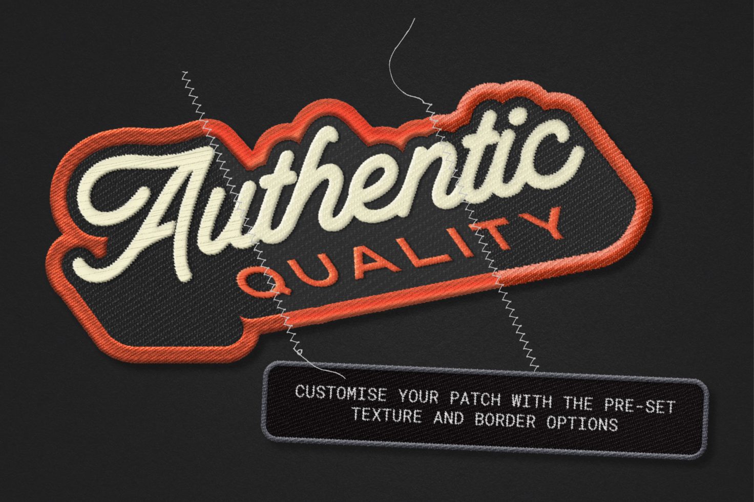 Embroidered patch design mockup showcasing Authentic Quality script on a dark fabric background, suitable for graphic design assets.