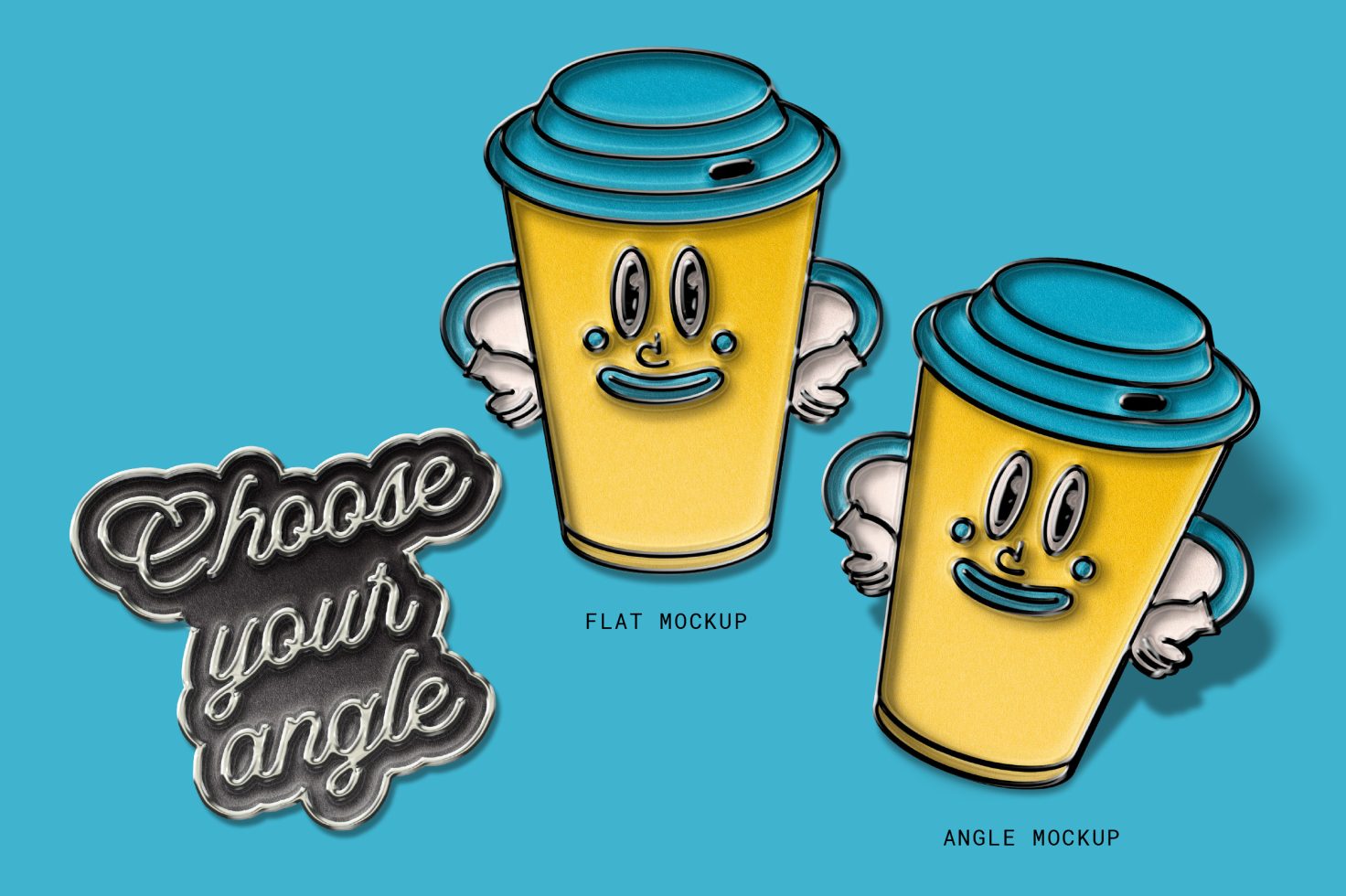 Yellow cartoon coffee cup mockups in two angles with playful facial expressions on a blue background, including a "Choose your angle" sign.