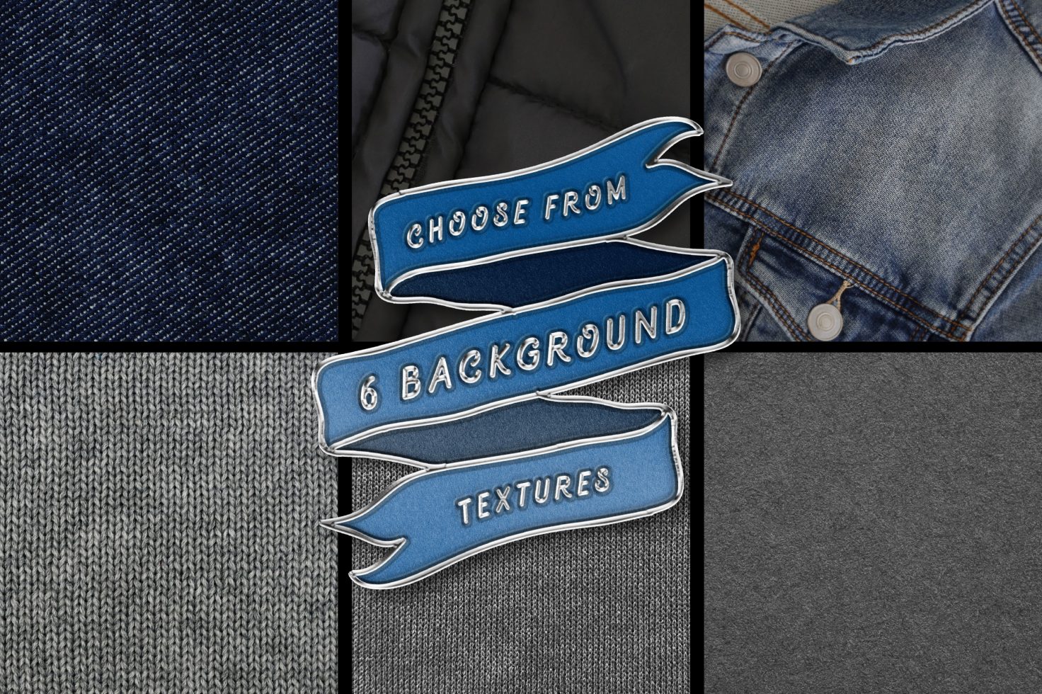 Denim, quilted, jeans, and knit fabric textures with labels for background variety visual design resources for creative projects.