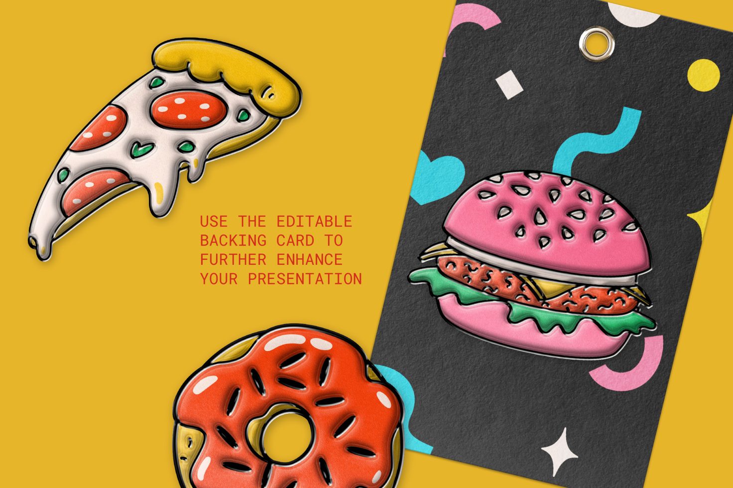 Colorful food pin mockups featuring pizza, donut, and burger designs, editable presentation card, ideal for graphics and templates.