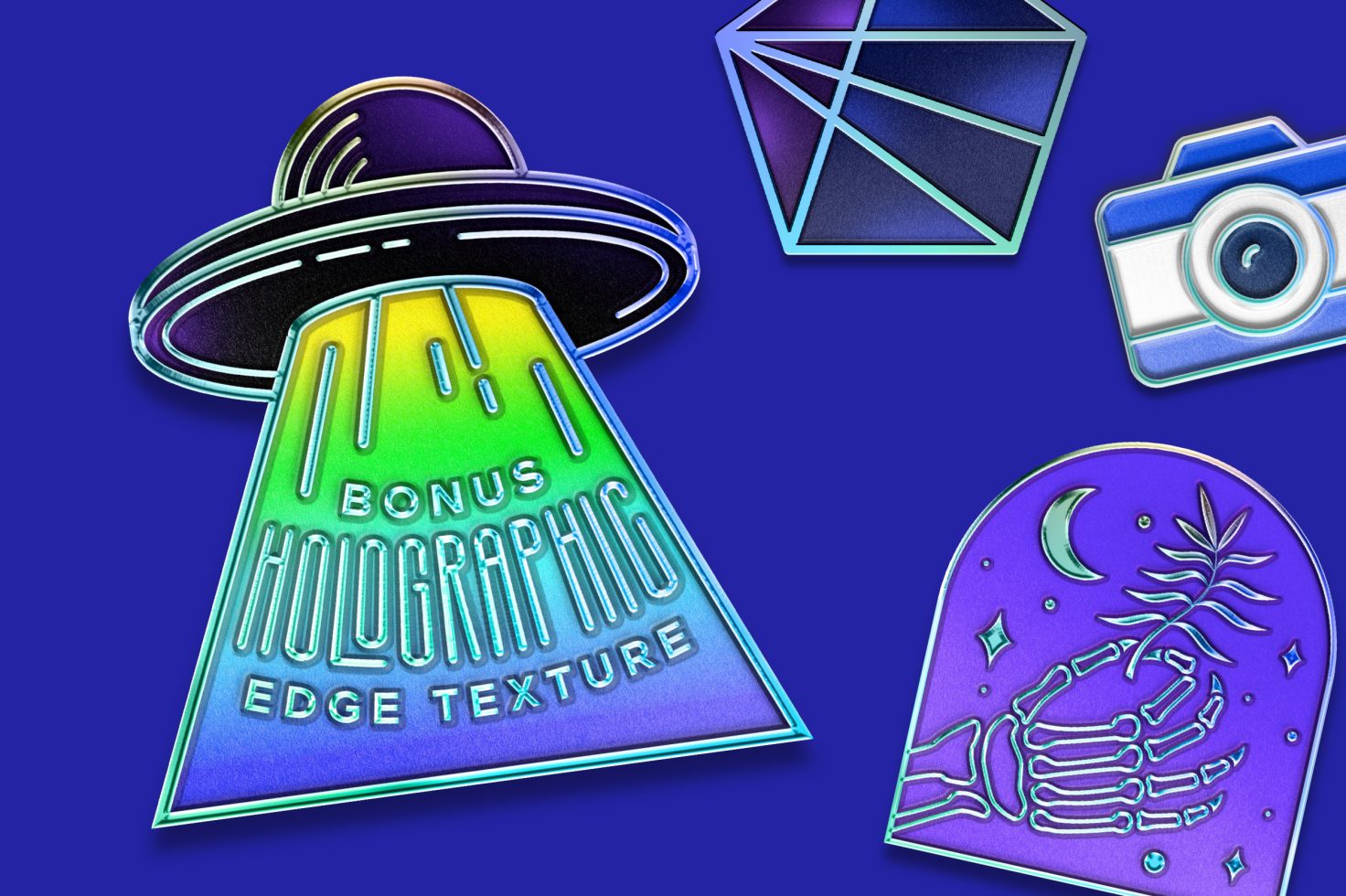 Colorful holographic stickers vector set featuring an alien spaceship, diamond, camera, and palm skeleton for graphics category.