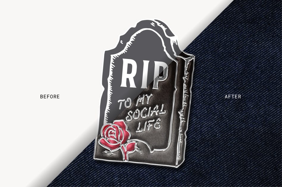 Graphic template split image showing before and after of a stylized tombstone design with RIP to my social life text and rose graphic.