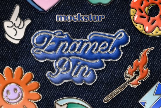Assorted enamel pin mockups on denim texture showcasing hand gesture, text, donut, flame, cute flower, for graphic designers.