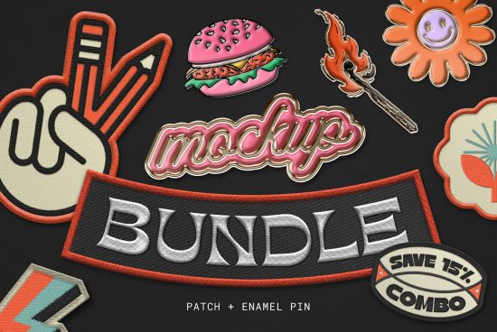 Embroidered patch and enamel pin design mockup bundle featuring diverse themes for graphic designers, detailed texture, ideal for presentations and branding.