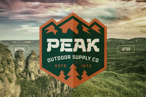 Logo mockup overlay on nature landscape showing before and after effects, vintage style for outdoor brand, great for designers graphics showcase.