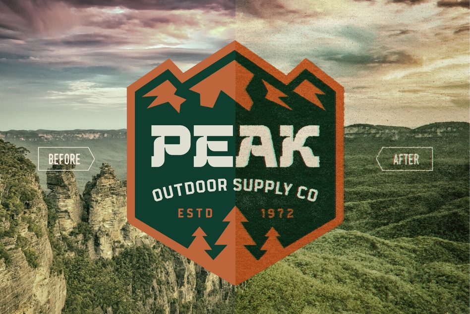 Before after logo design featuring Peak Outdoor Supply Co hexagon badge with mountains