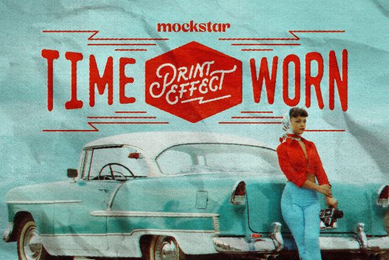 Vintage print effect graphic template with retro car and woman, text "Time Worn", distressed texture for designers.