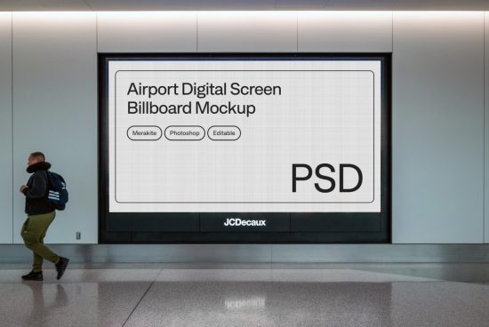 Airport billboard mockup in a modern terminal with editable PSD template, suited for advertising and branding designs for graphic designers.