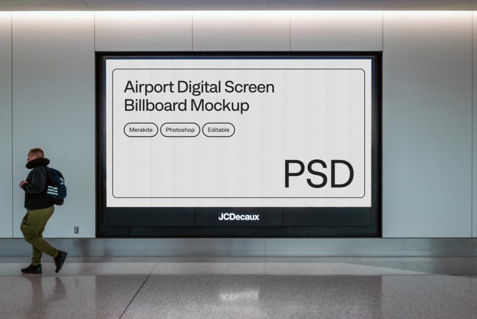 Airport billboard mockup in a modern terminal with editable PSD template, suited for advertising and branding designs for graphic designers.