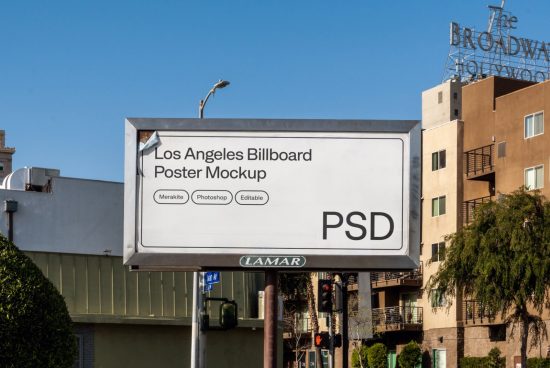 Los Angeles billboard poster mockup on sunny day, realistic outdoor advertising design template, editable PSD graphic resource.