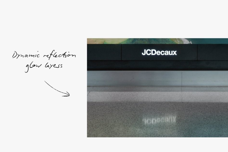 Store sign mockup with dynamic reflection showing glow layers on glass surface