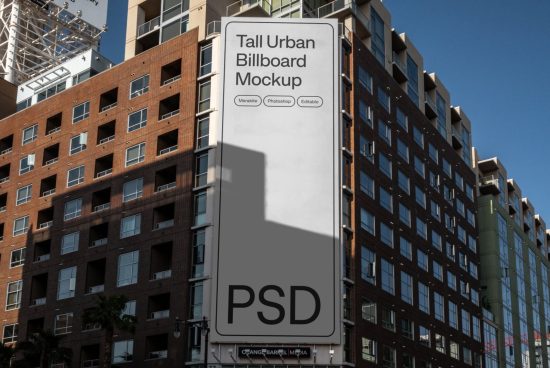 Urban billboard mockup, editable PSD for advertising designs, positioned against a building backdrop, perfect for designers to showcase work.
