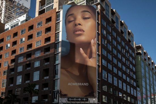 Urban billboard mockup displaying beauty ad on building exterior, clear sky, realistic city setting, ideal for presentation, advertising design.