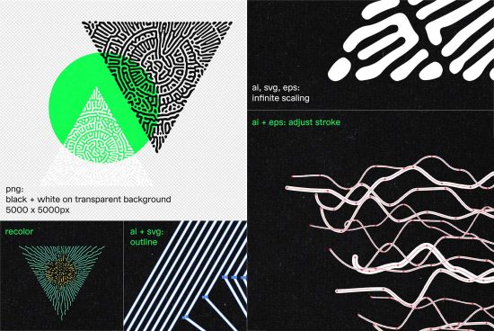 Abstract graphic elements collection with customizable stroke in AI and SVG, ideal for mockup and design visual enhancement in PNG format.