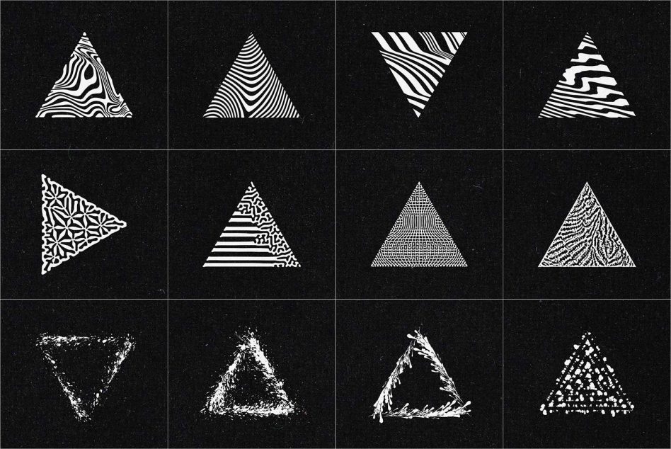 Set of 12 textured triangle graphics, black background, ideal for logo design, geometric patterns, modern prints. Suitable for web and print.