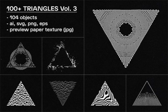 100+ Triangles Vol. 3 vector pack for designers with multiple formats ai, svg, png, eps and paper texture preview, ideal for graphic and template design.