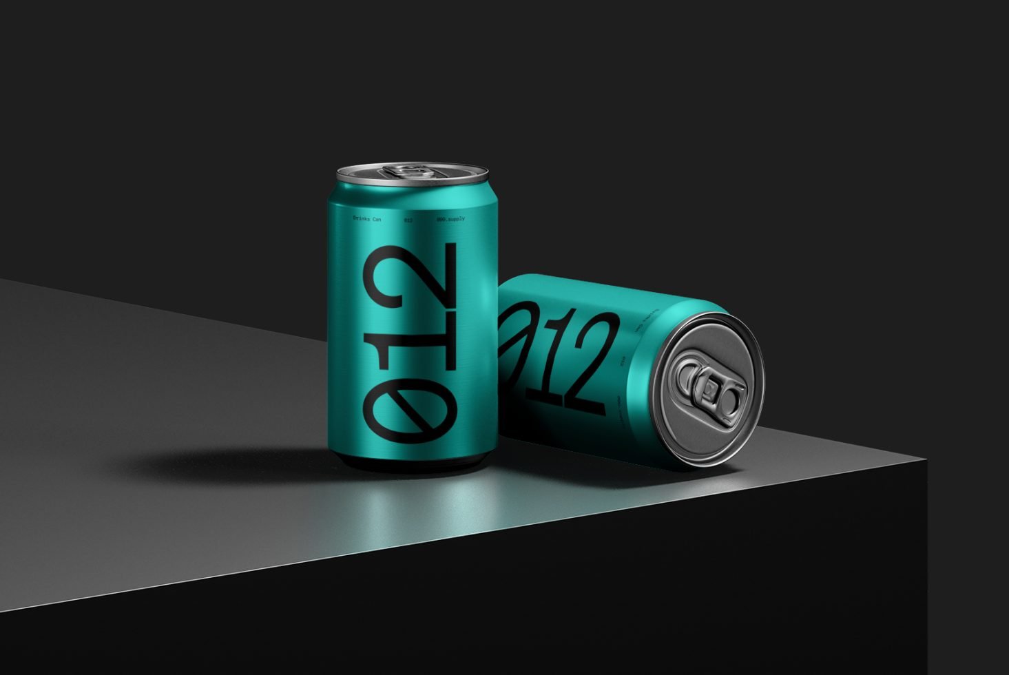 Sleek beverage can mockup in teal with bold numbering, one standing upright, one lying down on a dark, minimalist background, ideal for branding presentations.