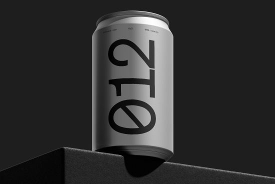 Matte beverage can mockup with bold typography design on dark background, ideal for presentations and product branding.