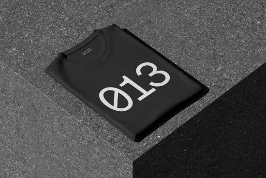 Black t-shirt mockup with white numbers design lying on textured surface for apparel presentation and branding graphic assets.